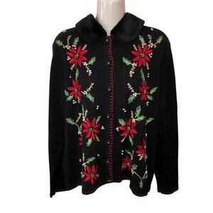 Victoria Jones Womens Large Black Poinsettia Floral Button Up Cardigan Sweater S
